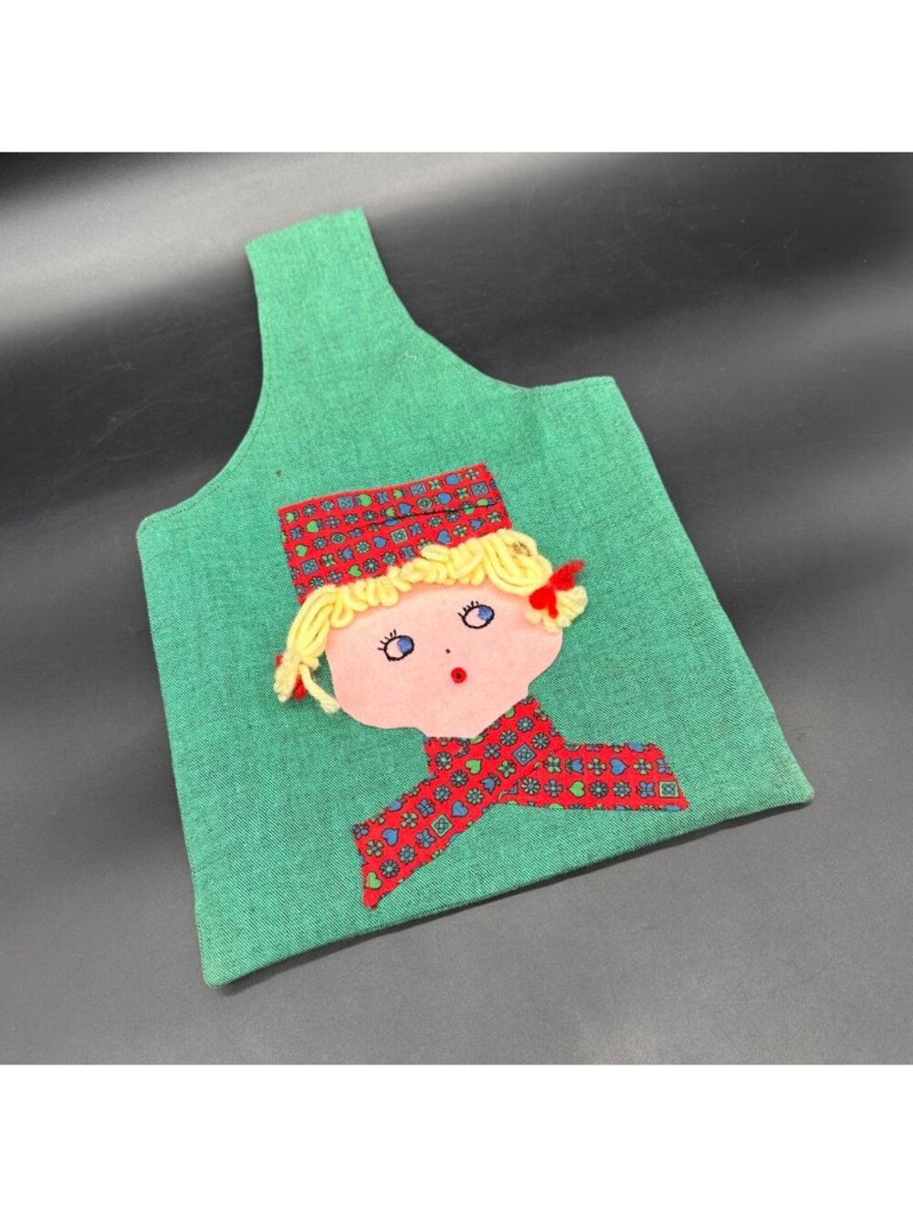 Vintage Green Bag Purse Fabric Mid Century Kitsch Yellow Yarn Hair Girl Handmade